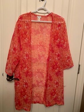 Sheer Floral Open-Front Kimono Jacket in Coral Pink